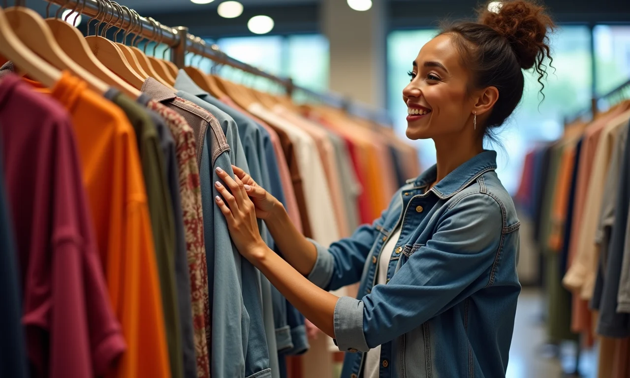 Mulher escolhendo roupas da moda em uma loja, considerando seu estilo pessoal.