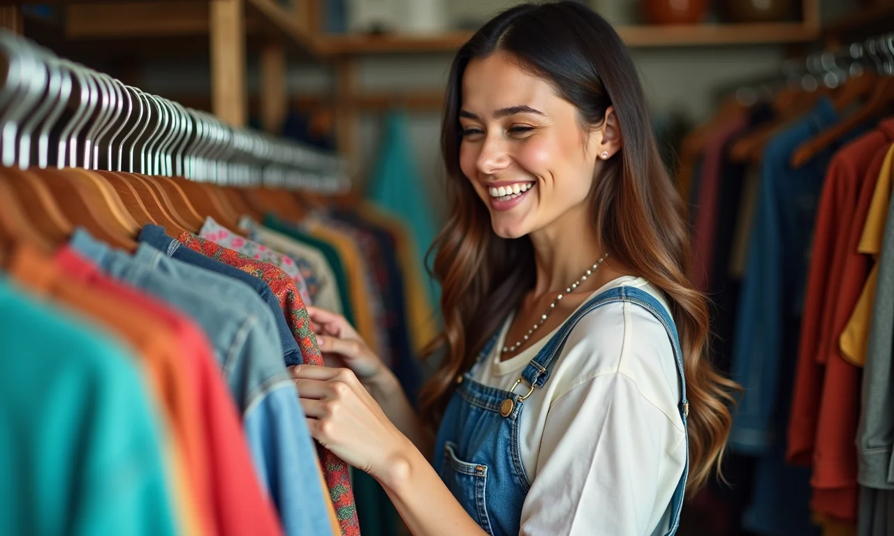 Mulher escolhendo roupas em brechó, opção slow fashion.