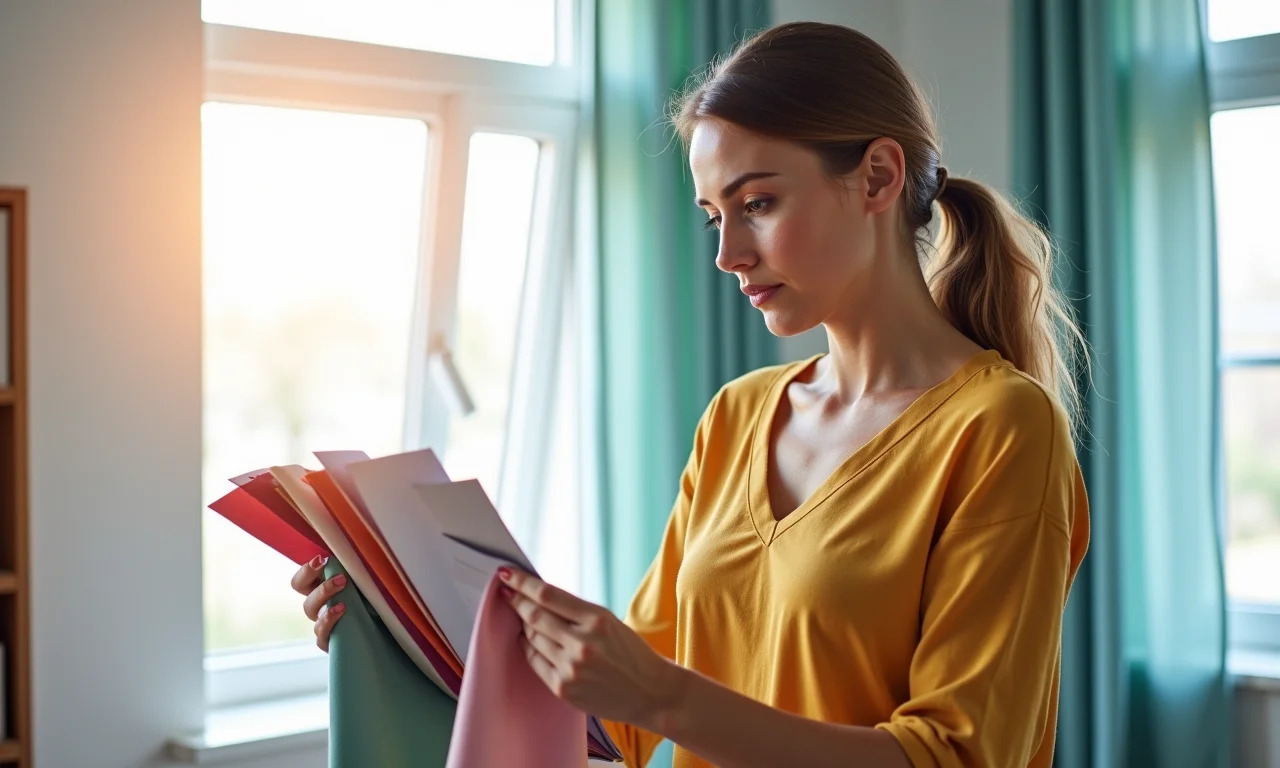 Mulher escolhendo tecidos coloridos para fazer sua própria cortina.