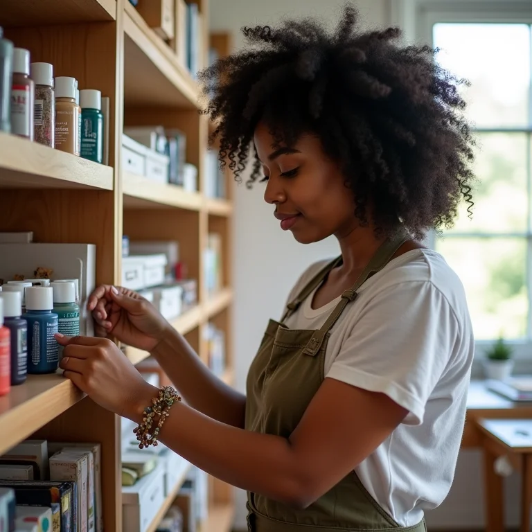 Mulher escolhendo tintas para tecido em loja de artesanato