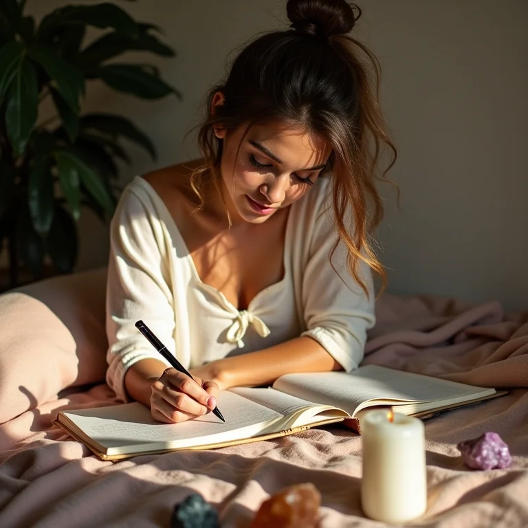 Mulher escrevendo afirmações em um diário, cercada de cristais.