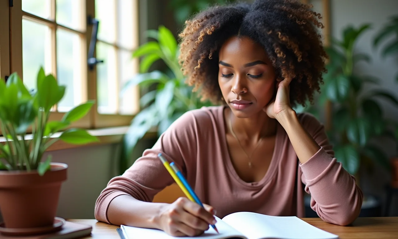 Mulher escrevendo em um diário, refletindo sobre autoconhecimento e inteligência emocional.