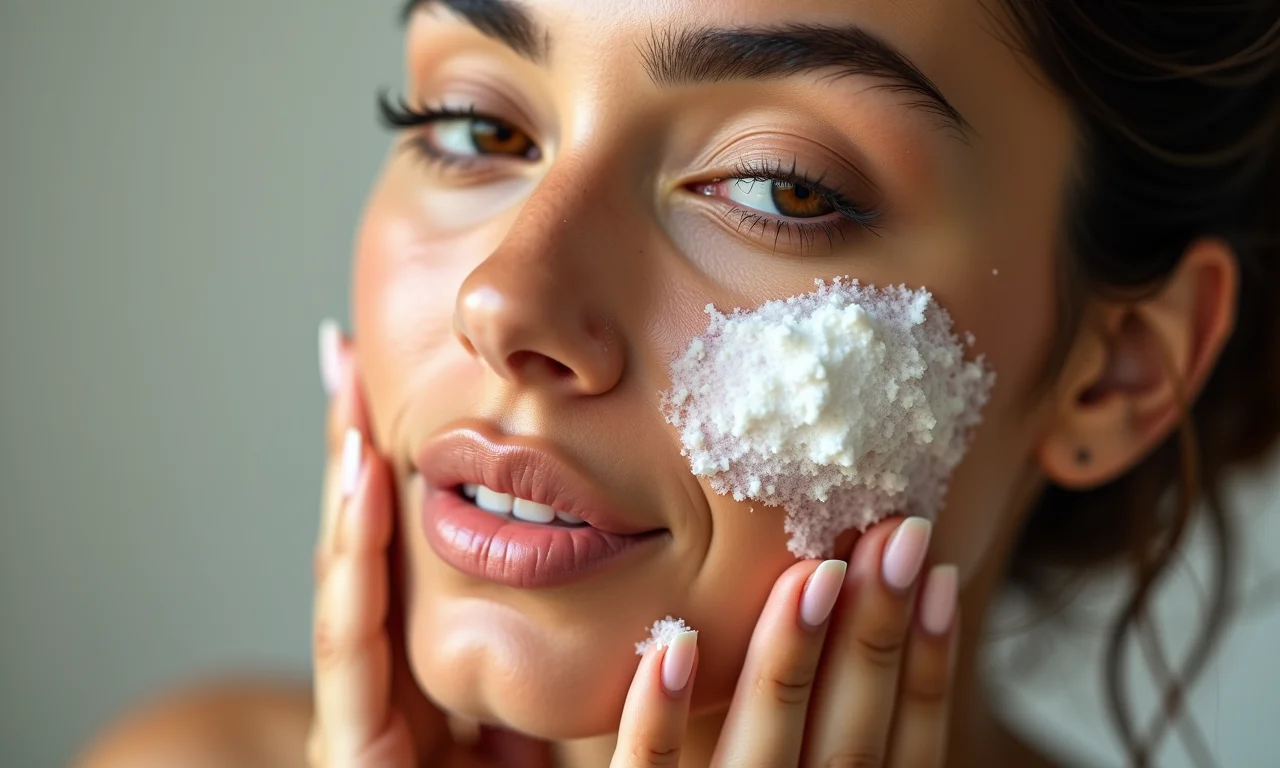 Mulher esfoliando a pele do rosto com um esfoliante suave.