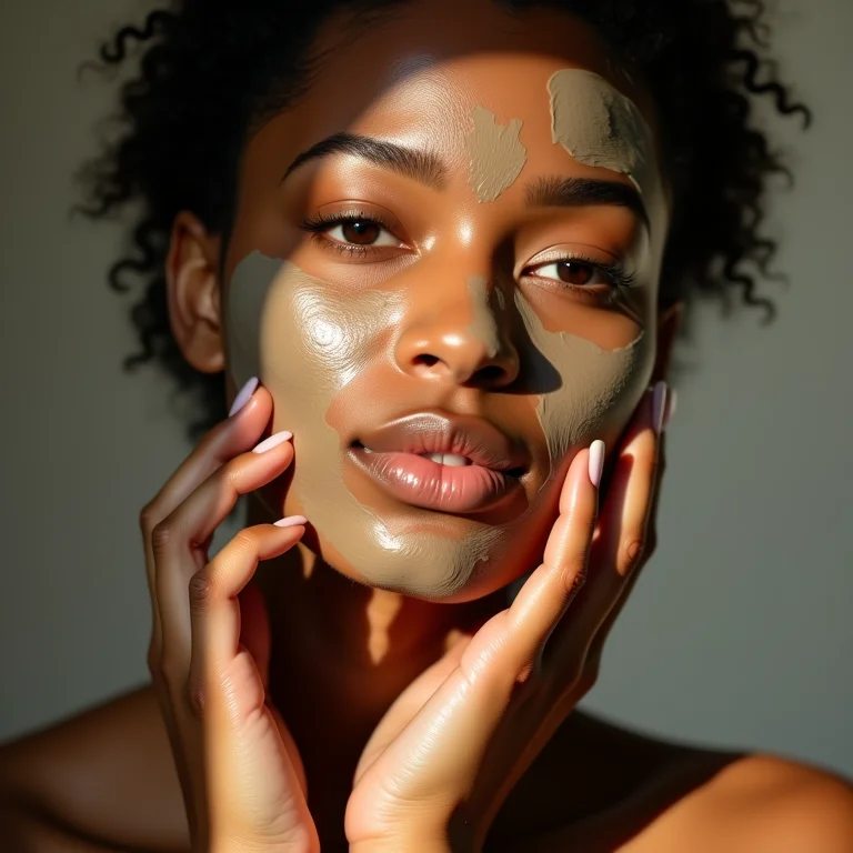 Mulher esfoliando o rosto suavemente com máscara de argila