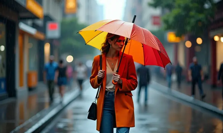 Mulher estilosa caminha na chuva em São Paulo com guarda-chuva colorido.