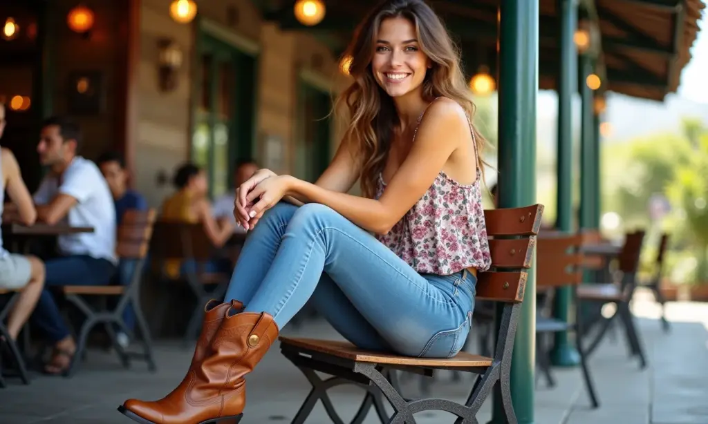 Mulher estilosa com bota country marrom cano curto em café ao ar livre.