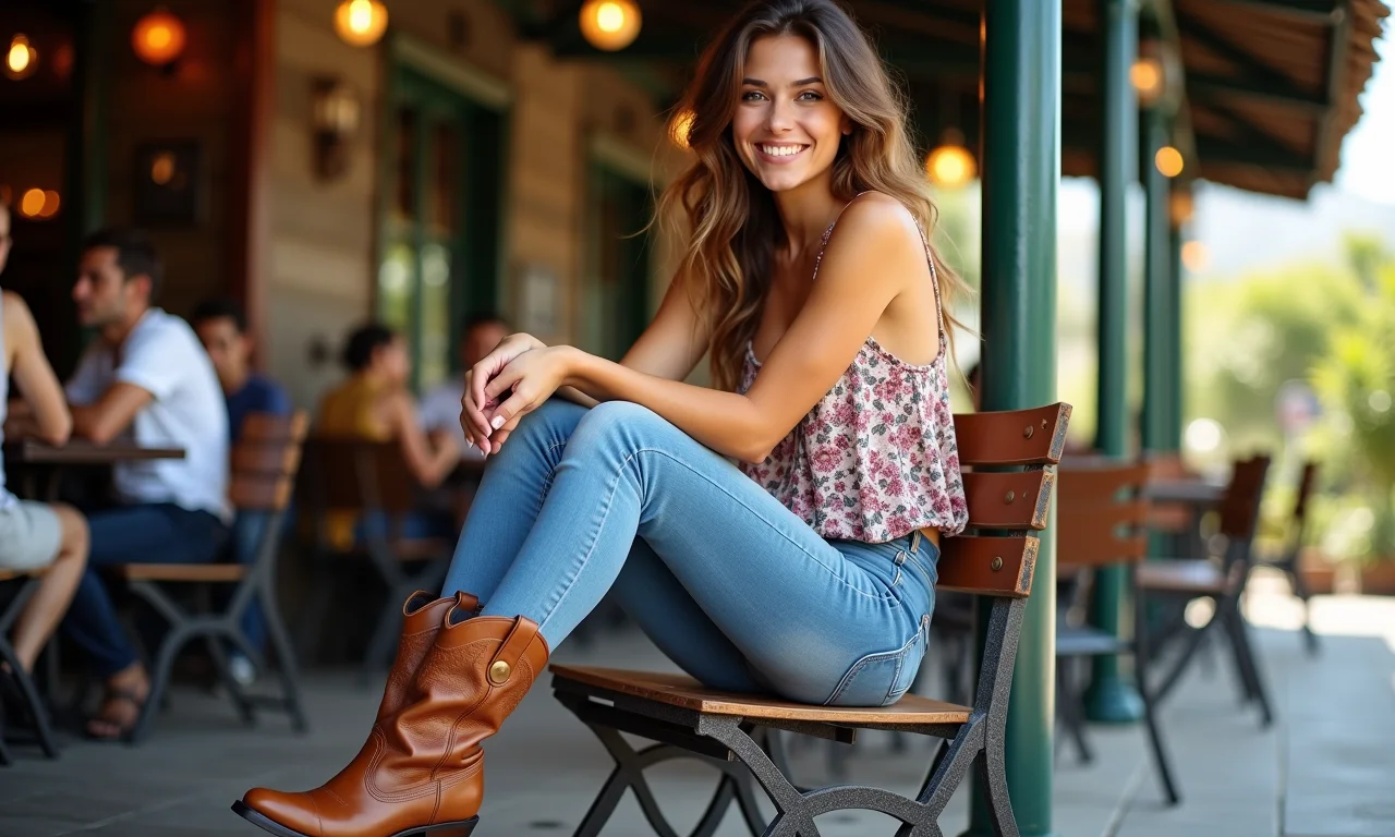 Mulher estilosa com bota country marrom cano curto em café ao ar livre.