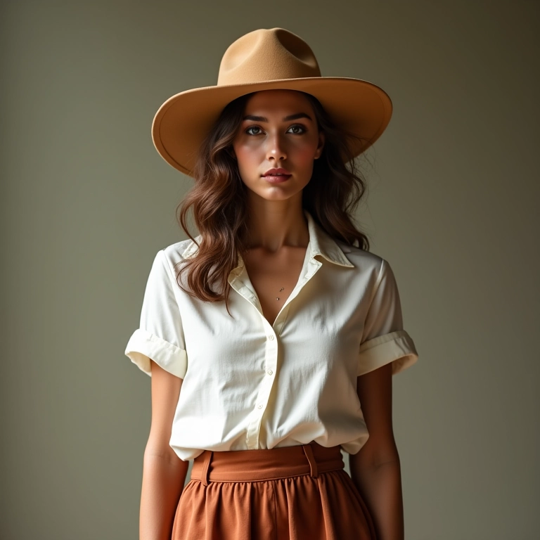 Mulher estilosa com chapéu borsalino, saia e blusa.
