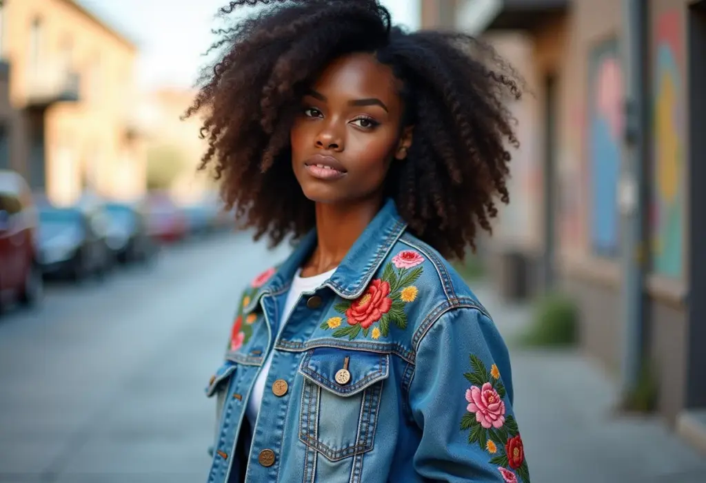 Bordado em jeans: transforme suas peças com essa customização! Mulher estilosa com jaqueta jeans bordada