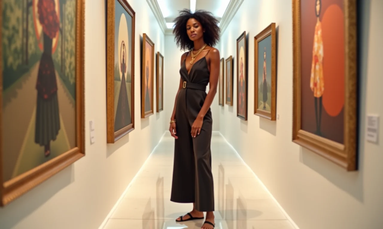 Mulher estilosa com macacão prático em exposição de arte.