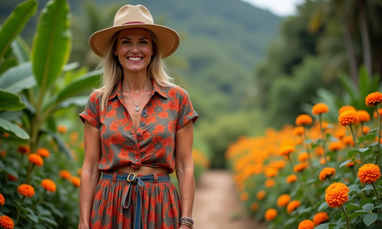 Mulher estilosa de 40 anos usando saia midi em jardim brasileiro colorido.