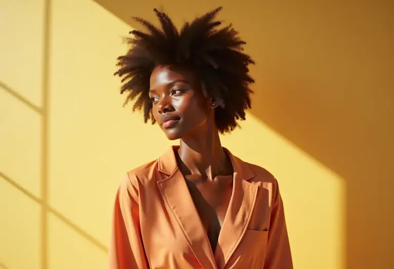 Mulher estilosa em guarda-roupa minimalista e sustentável.