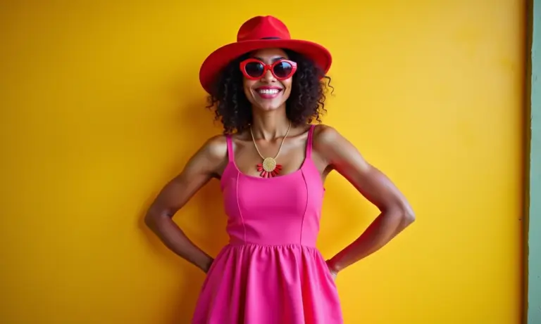 Mulher estilosa em vestido rosa vibrante com acessórios vermelhos no Rio de Janeiro.