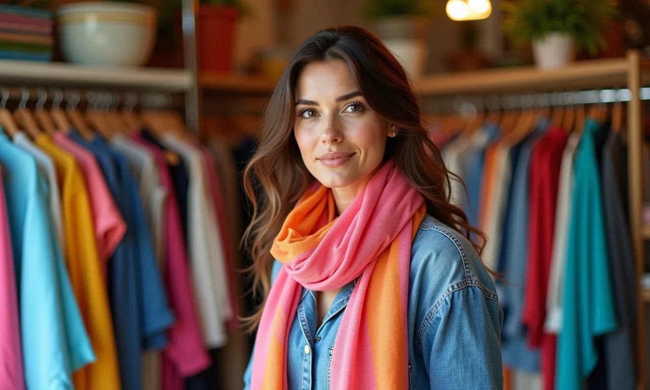 Mulher estilosa experimentando um lenço colorido em uma boutique brasileira.