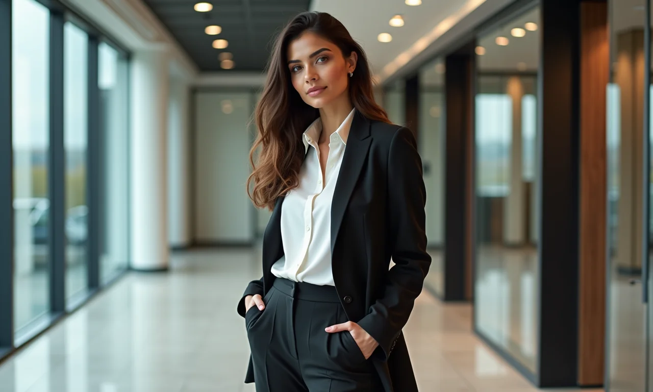 Mulher estilosa mostrando looks de inverno para o trabalho.