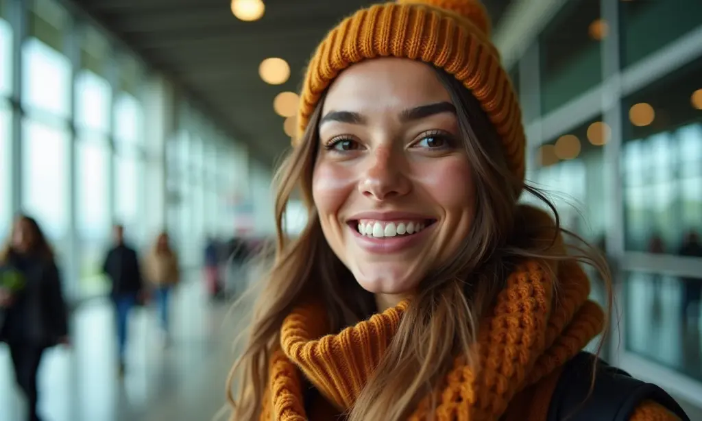Viagem Quentinha e Chique: Looks de Aeroporto para o Inverno (Conforto em Primeiro Lugar!) Mulher estilosa no aeroporto com look de inverno confortável.