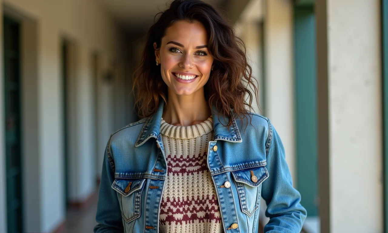 Mulher estilosa sobrepondo jaqueta jeans, suéter e blusa estampada.