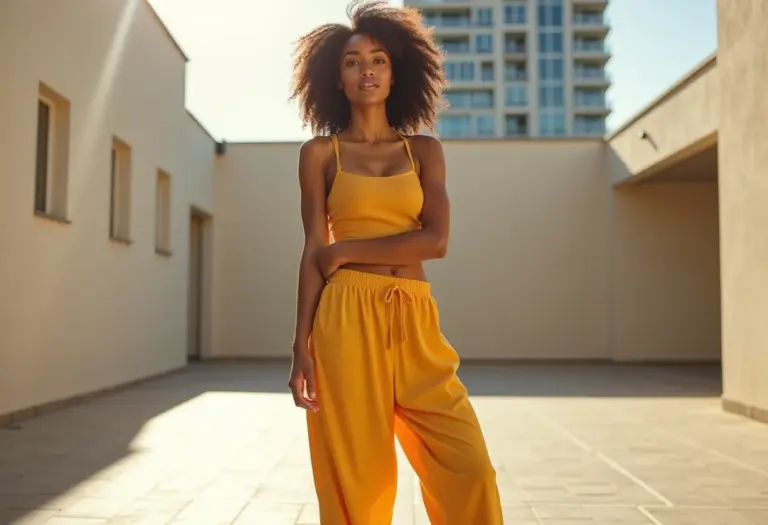 Mulher estilosa usando calça slouchy em ambiente urbano.