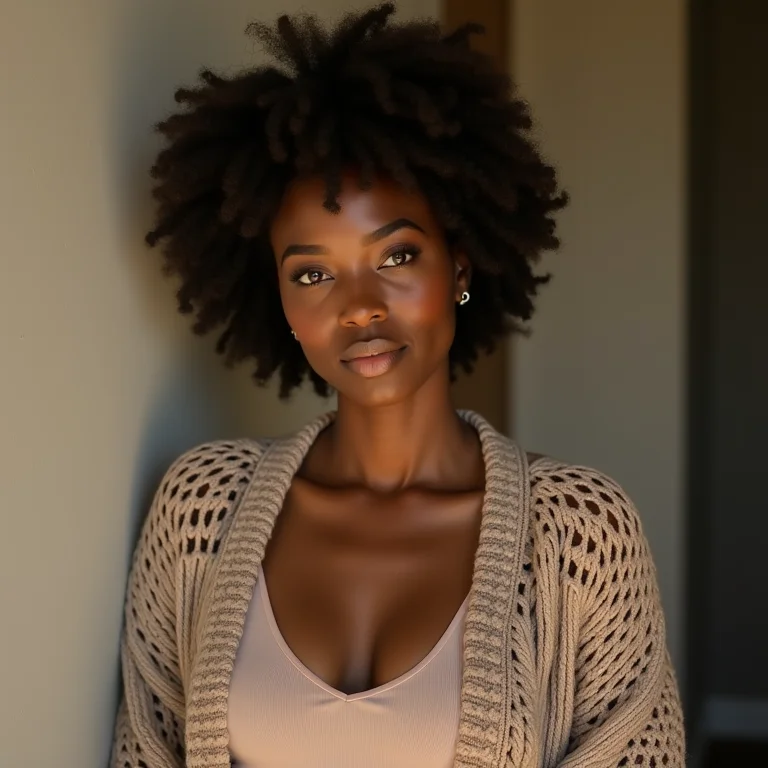 Mulher estilosa usando um cardigan de crochê aconchegante.