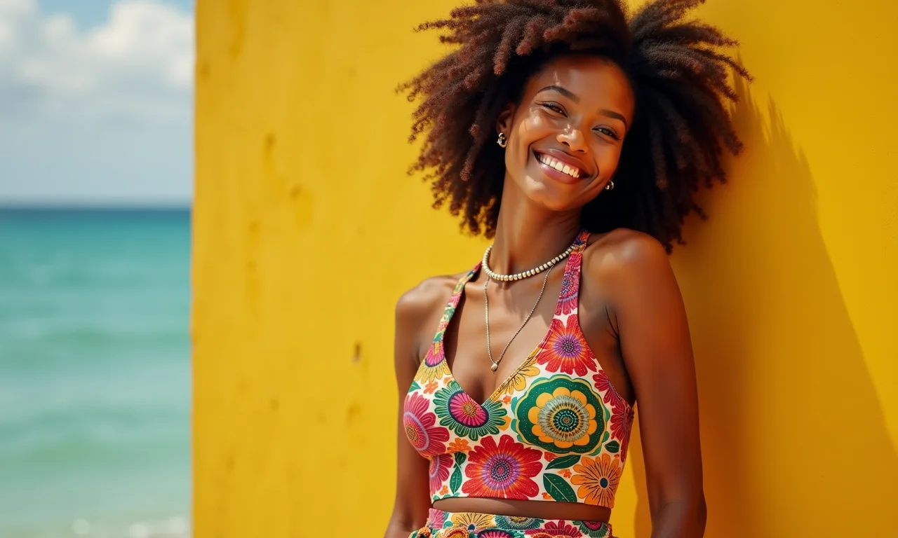 Mulher estilosa vestindo roupas acessíveis e coloridas, sorrindo.