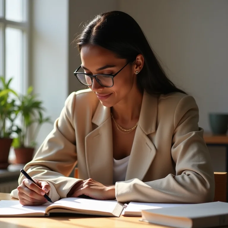Mulher estudando com livros e anotações em uma mesa minimalista.