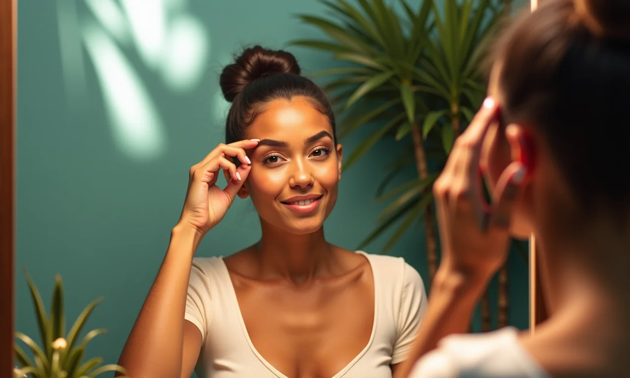 Mulher examinando as sobrancelhas no espelho do banheiro.