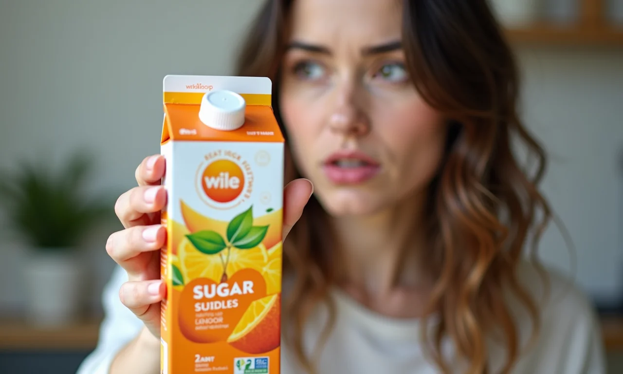 Mulher examinando caixa de suco com atenção focada no rótulo.