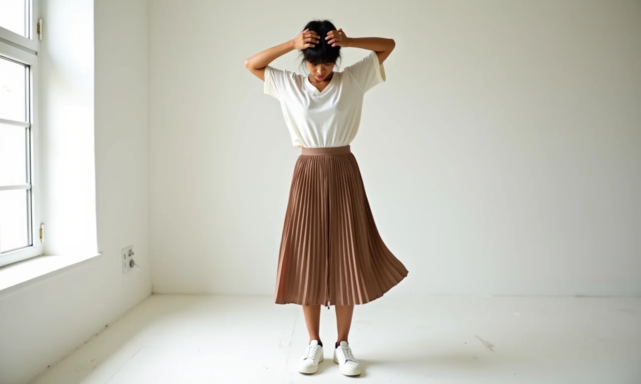 Mulher experimentando diferentes blusas com saia midi e tênis branco.