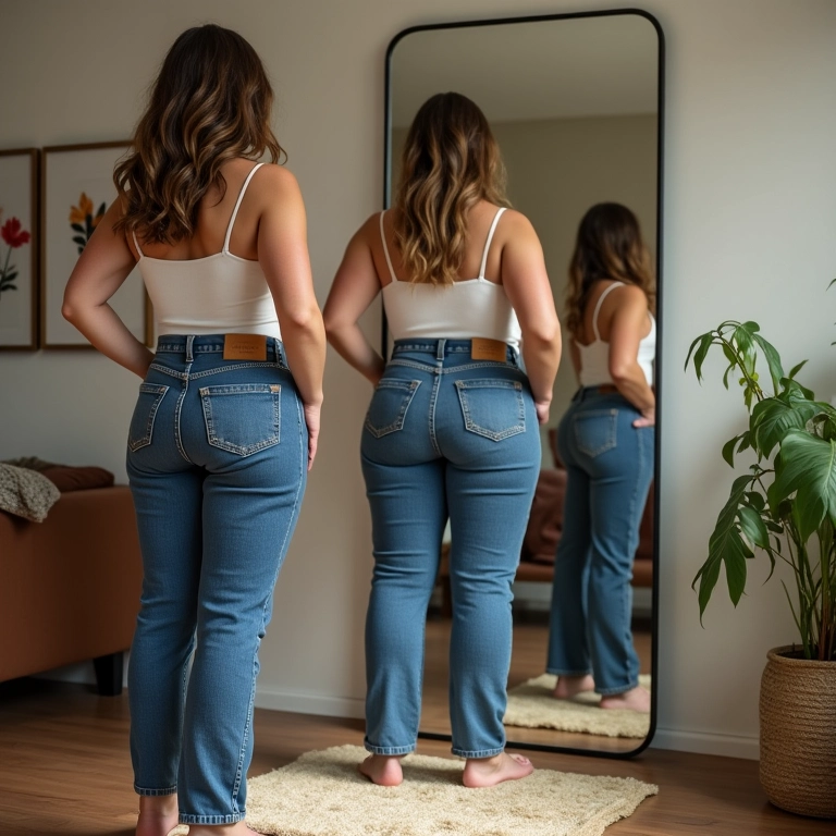 Mulher experimentando diferentes modelos de jeans em busca do caimento perfeito para seu corpo.