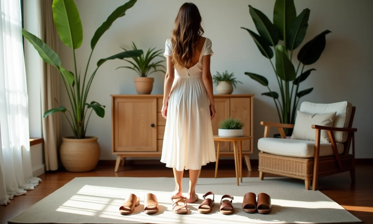 Mulher experimentando sandálias papete em um apartamento brasileiro.