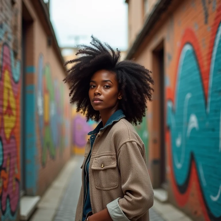 Mulher explorando beco com murais coloridos.