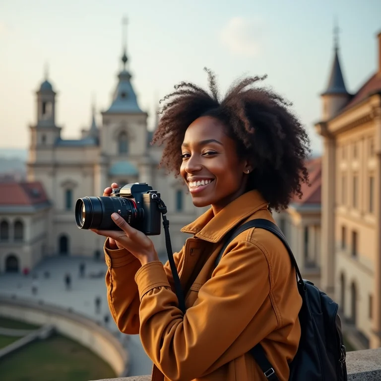 Mulher explorando um marco histórico na Europa com câmera vintage
