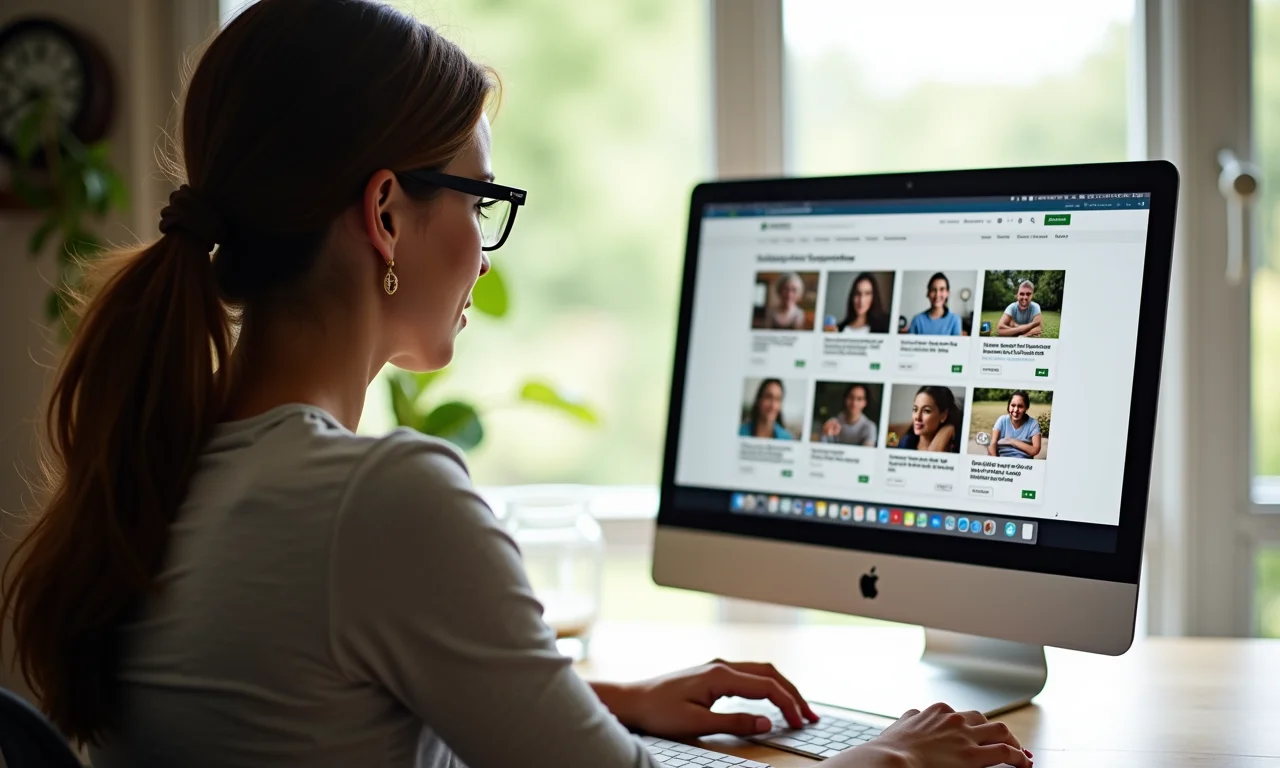 Mulher explorando um site com diversos cursos online exibidos, mostrando opções de aprendizado.