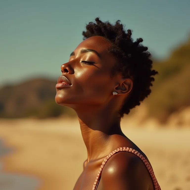 Mulher expondo o cabelo curto ao sol sem proteção