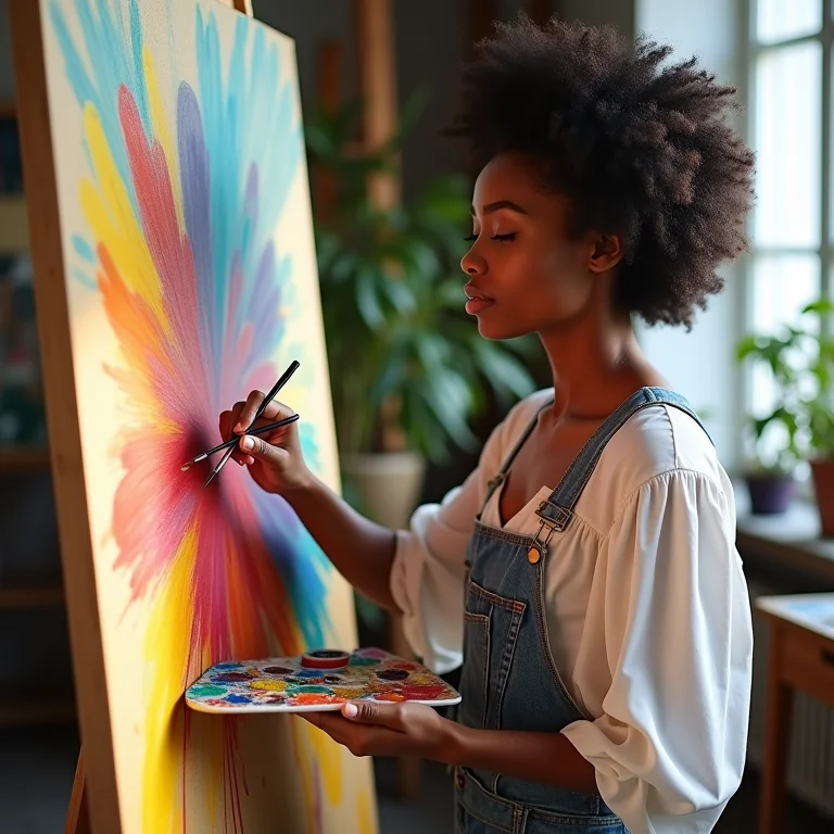 Mulher expressando sua criatividade através da pintura em um ateliê de arte.