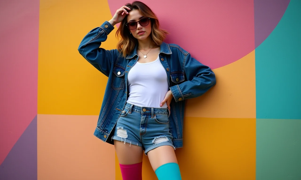 Mulher fashion com meia-calça colorida, shorts jeans e jaqueta estilosa posando em frente a parede vibrante.
