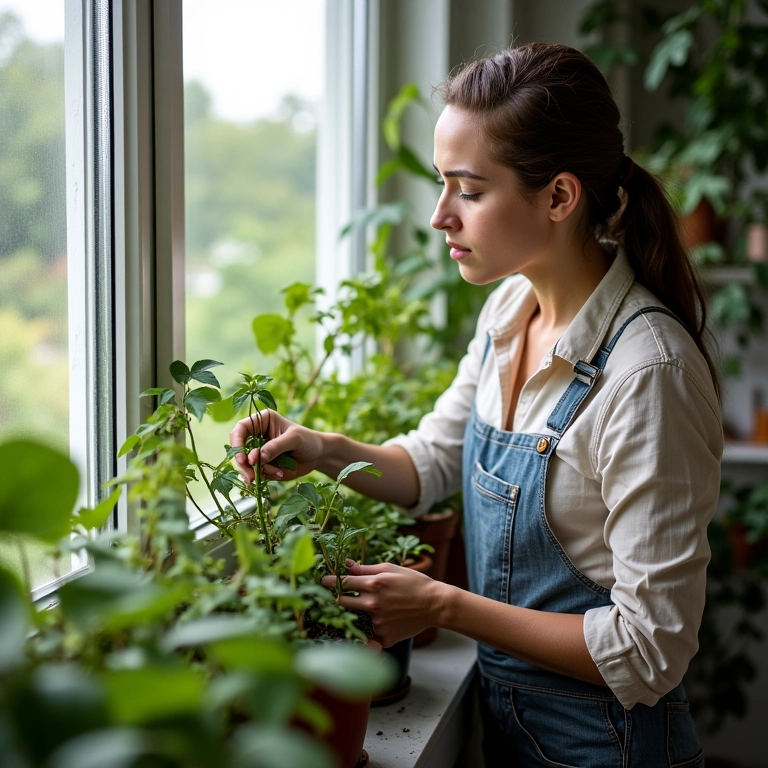 Mulher fazendo a manutenção das plantas na varanda, podando e regando.