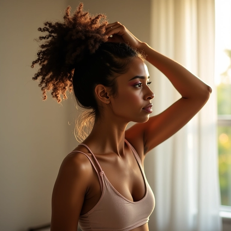 Mulher fazendo coque abacaxi para cachos definidos ao acordar.