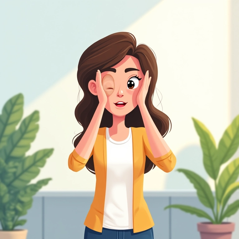 Mulher fazendo exercícios oculares em um escritório iluminado.