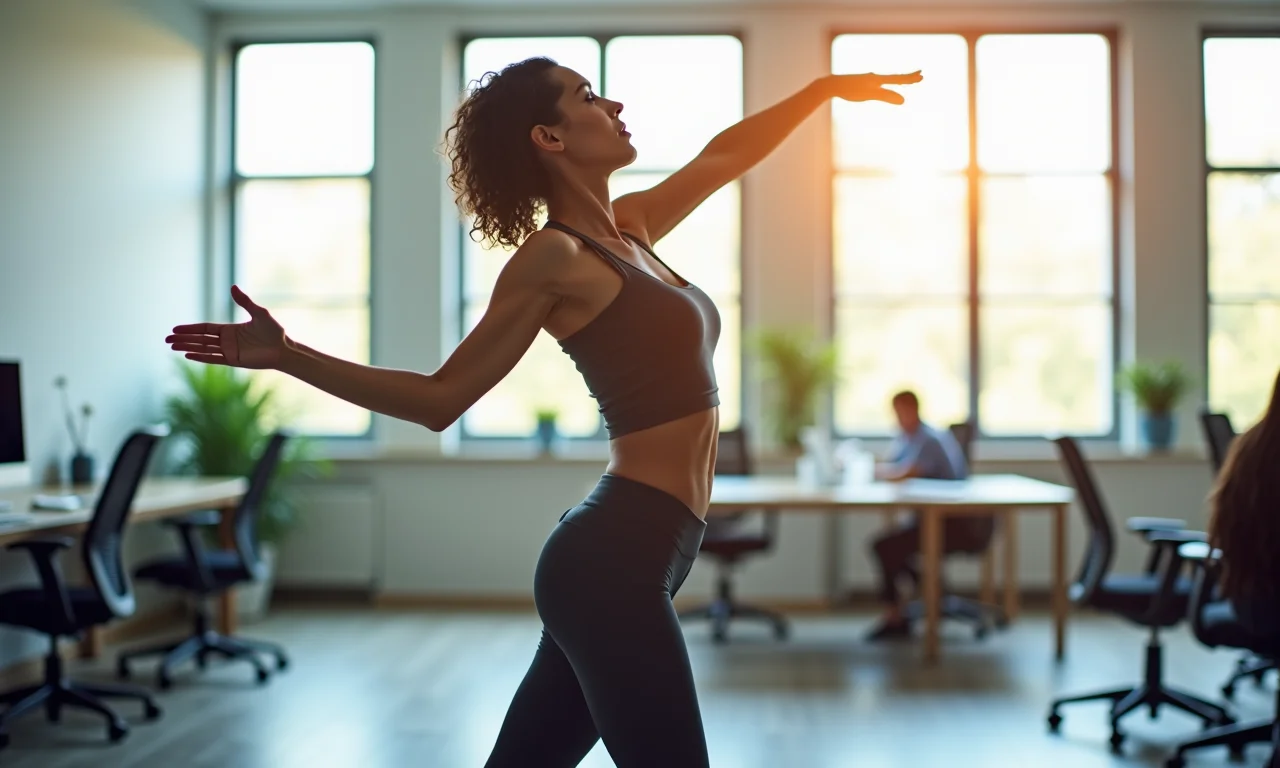 Mulher fazendo pausa ativa no trabalho.
