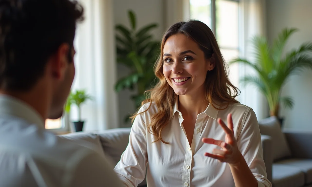 Mulher fazendo um pedido claro e positivo durante uma conversa.