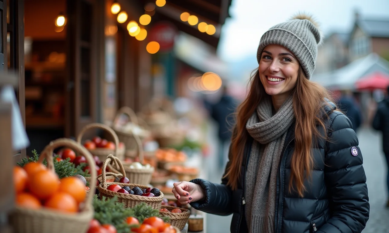 Mulher feliz comprando lembrancinhas em Ushuaia.