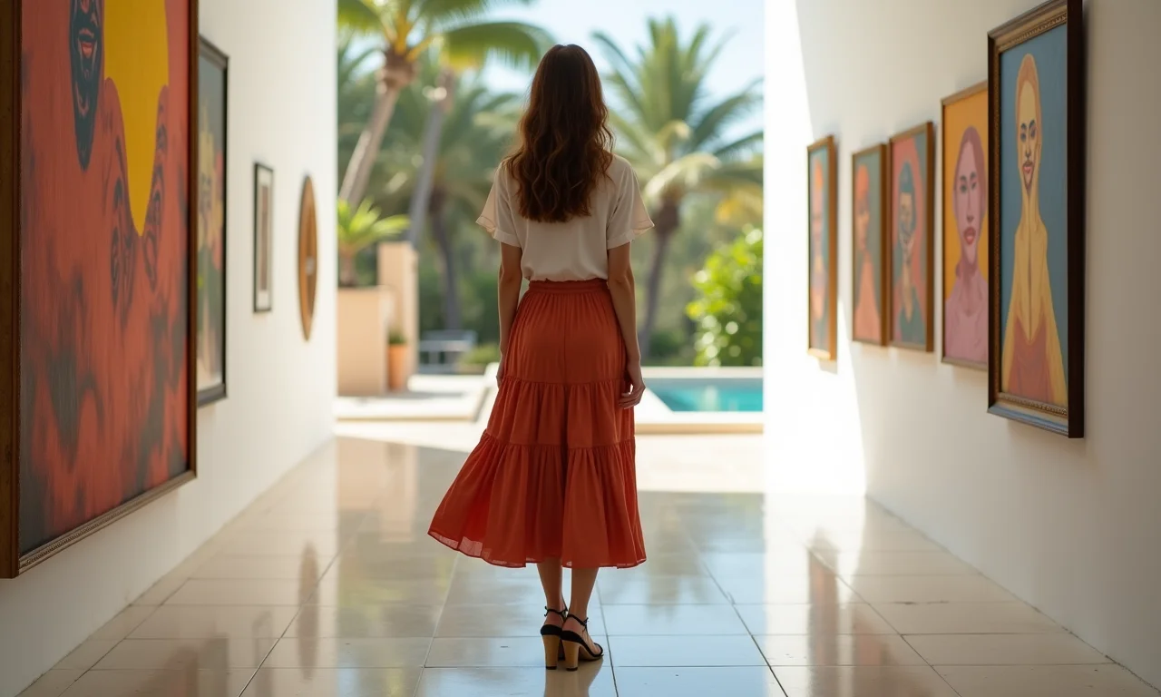 Mulher feminina com saia fluida e salto confortável em exposição de arte.