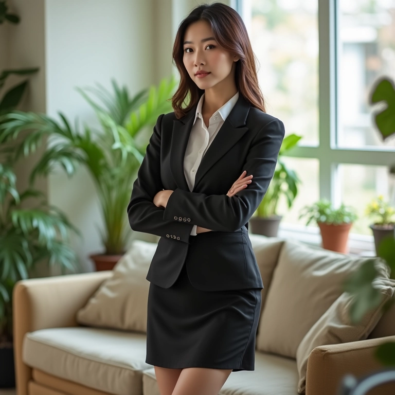 Mulher feminina usando terninho com saia em sala de estar iluminada.