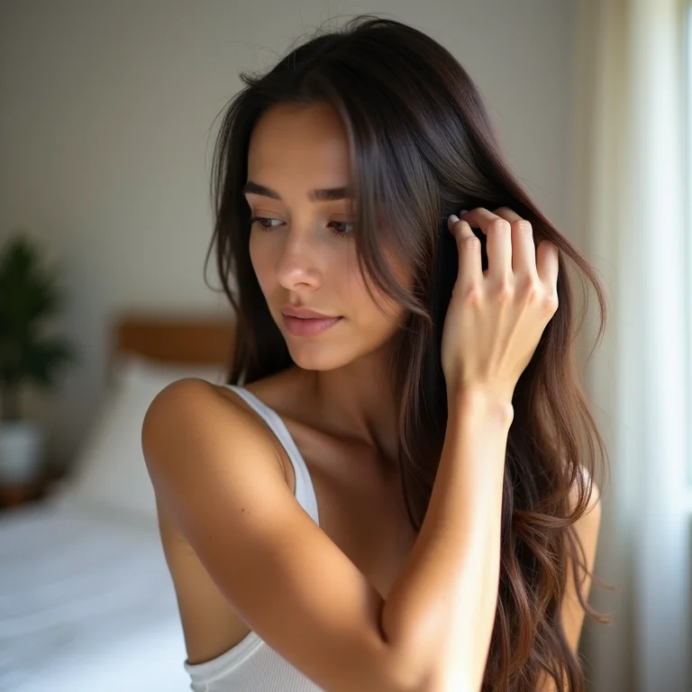 Mulher finalizando o cabelo liso com leave-in