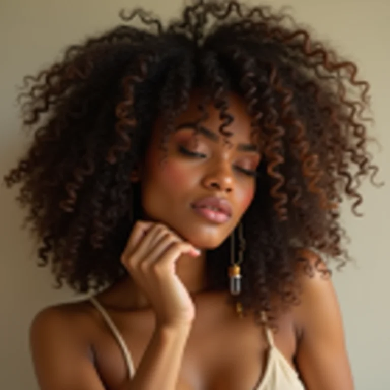 Mulher finalizando os cachos com óleo capilar