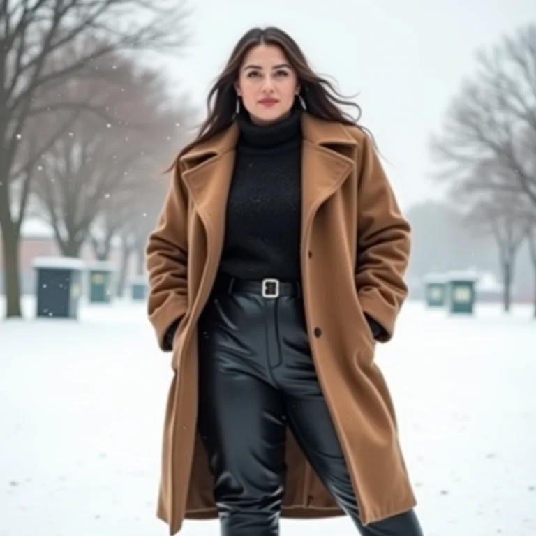 Mulher gorda usando calça slouchy de couro com casaco alongado