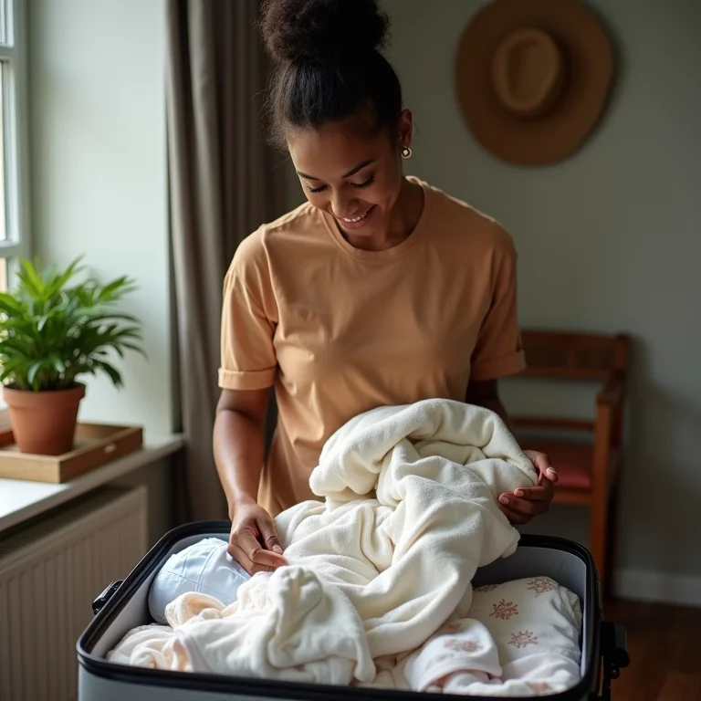 Mulher grávida arrumando mala de bebê