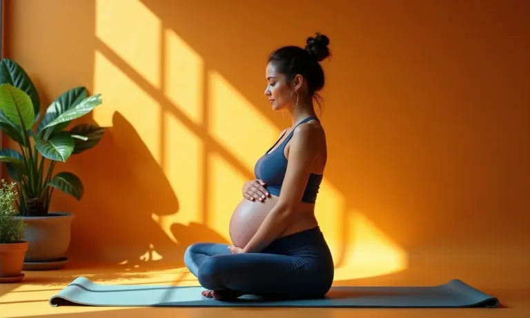 Mulher grávida sorrindo, praticando exercícios em casa.