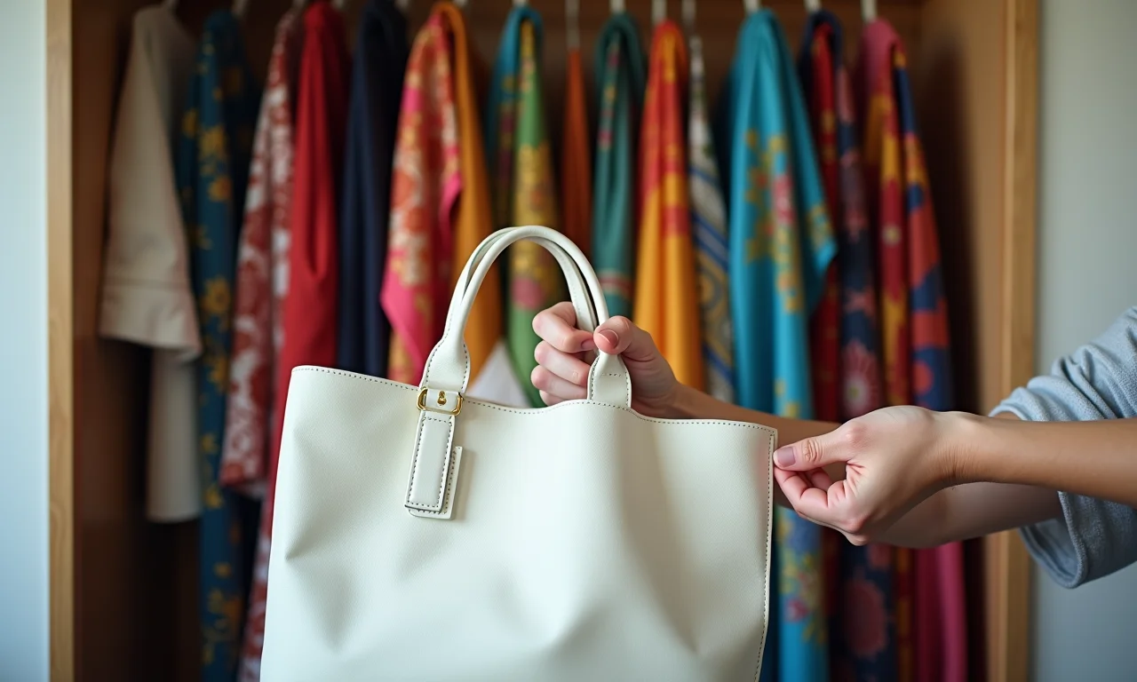 Mulher guardando bolsa branca em saco protetor para evitar que encarde.